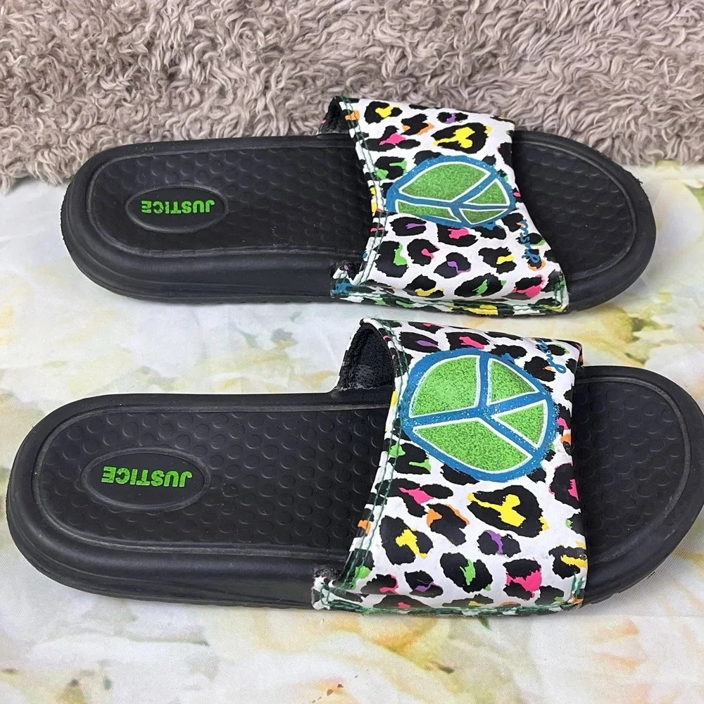 Justice Slides Shoe Size 3-4 Girls Kids Peace Sign Glitter Colorful Animal Print